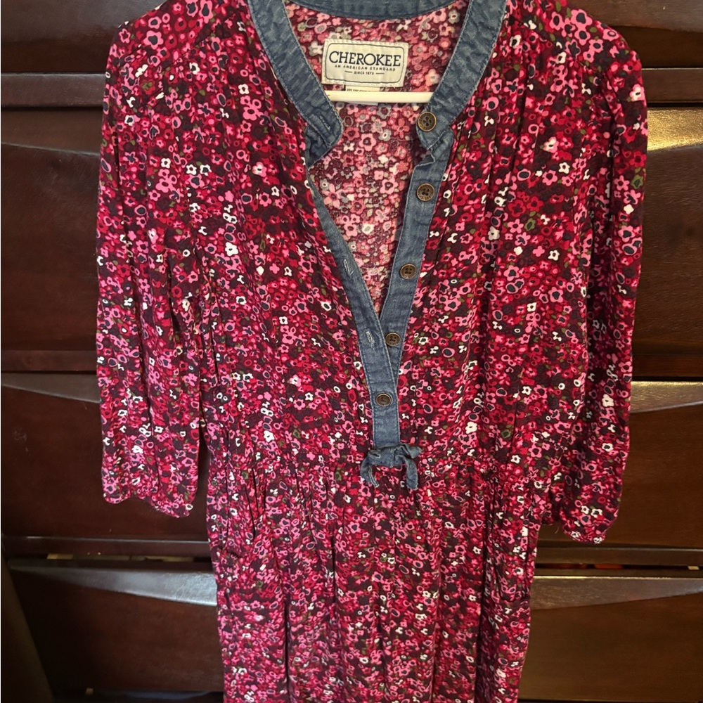 Cherokee Pink Floral Dress with Denim Details